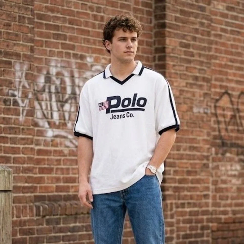 Vtg 90s Polo Jeans Co Ralph Lauren Ringer Tee White Navy‎ RL Flag XL